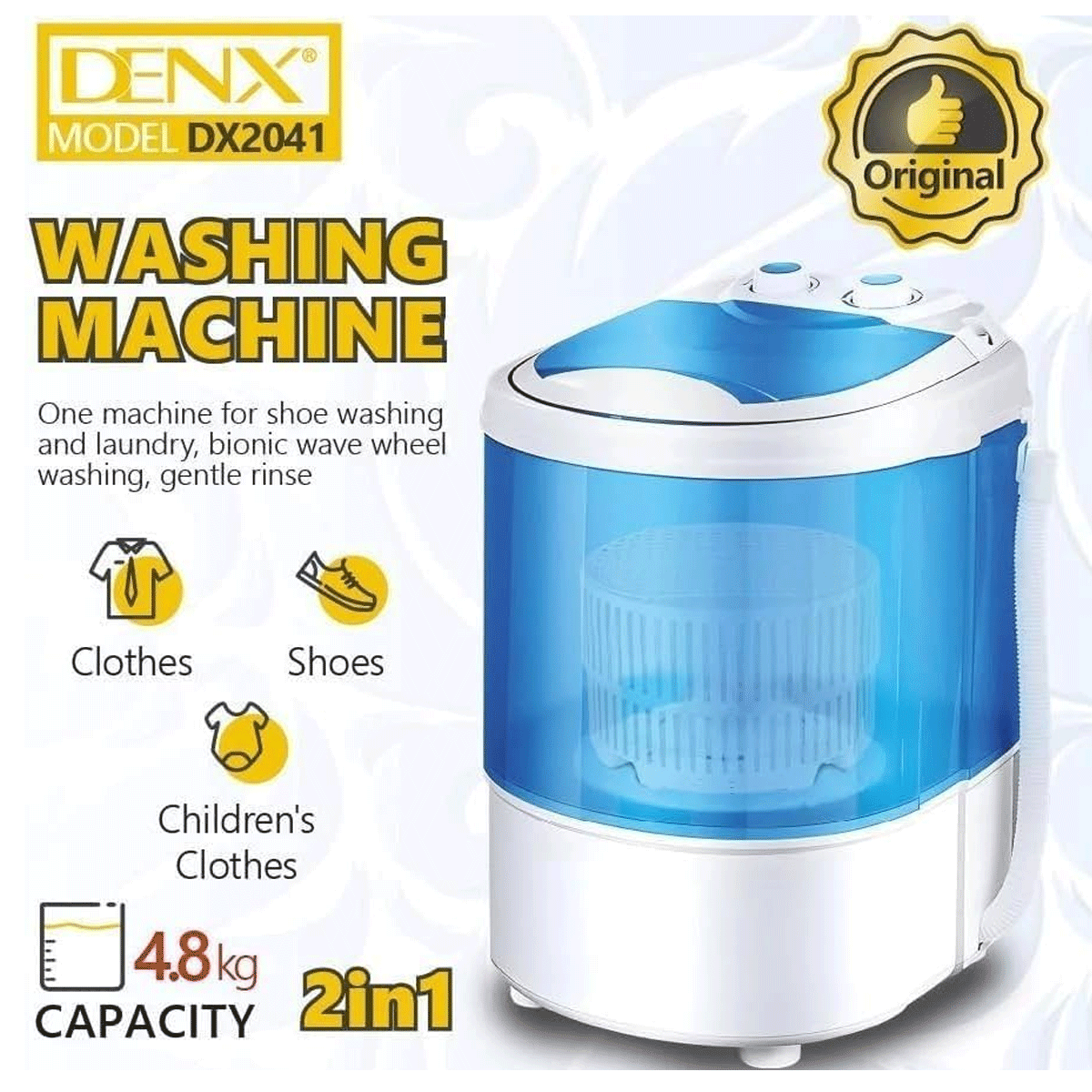 Denx DX2041 Mini Portable 2-in-1 Washing Machine 4.8KG Capacity, Compact Twin Tub Washer and Spinner for Clothes, Baby Garments, Shoes | DX2041